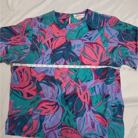 VINTAGE 80s/90s blouse multicolor silk abstract‎ leaf top M - Picture 7 of 8